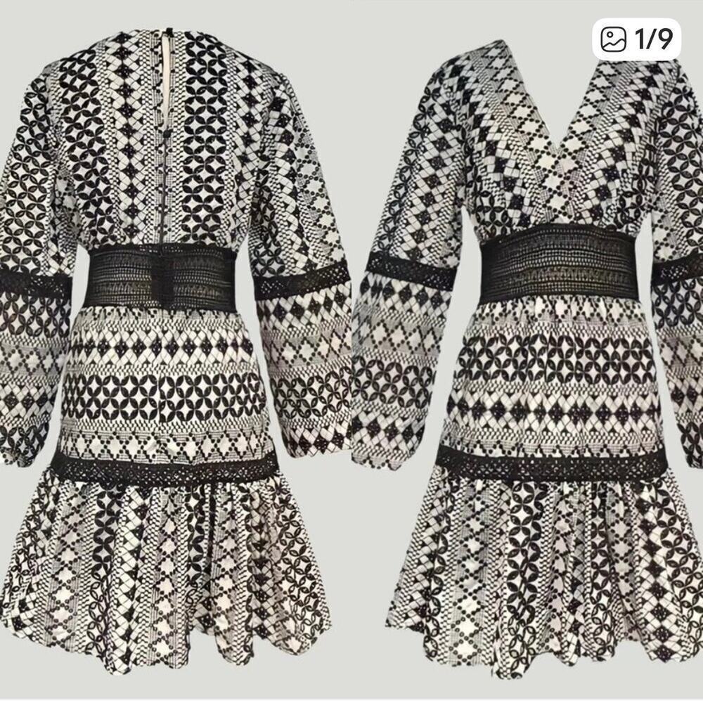 Alex Vinash Tiered Embroidered Balloon Long Sleeve Lace Mini Dres Size Medium